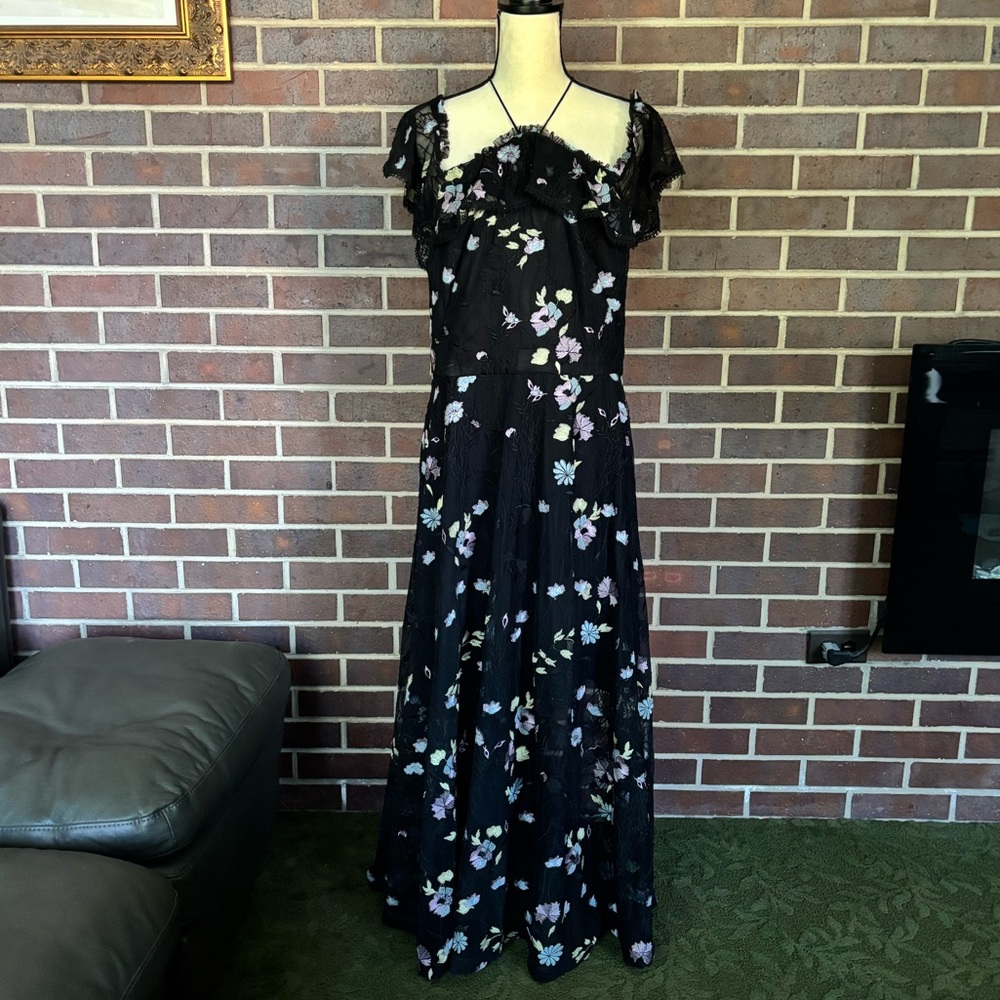 Monique Lhuillier Black Lace Embroidered Mesh Cold Shoulder Midi Dress Sz 14 - Picture 3 of 5